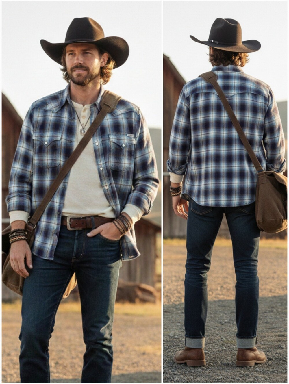 Lucky Brand L Y2K Hippie Western Dungaree Plaid Pearl Snap Button Down Shirt